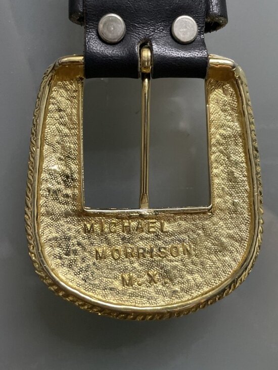 Michael Morrison Small Black Leather Gold & Silver Buckle Studded Statement Belt - Picture 11 of 11